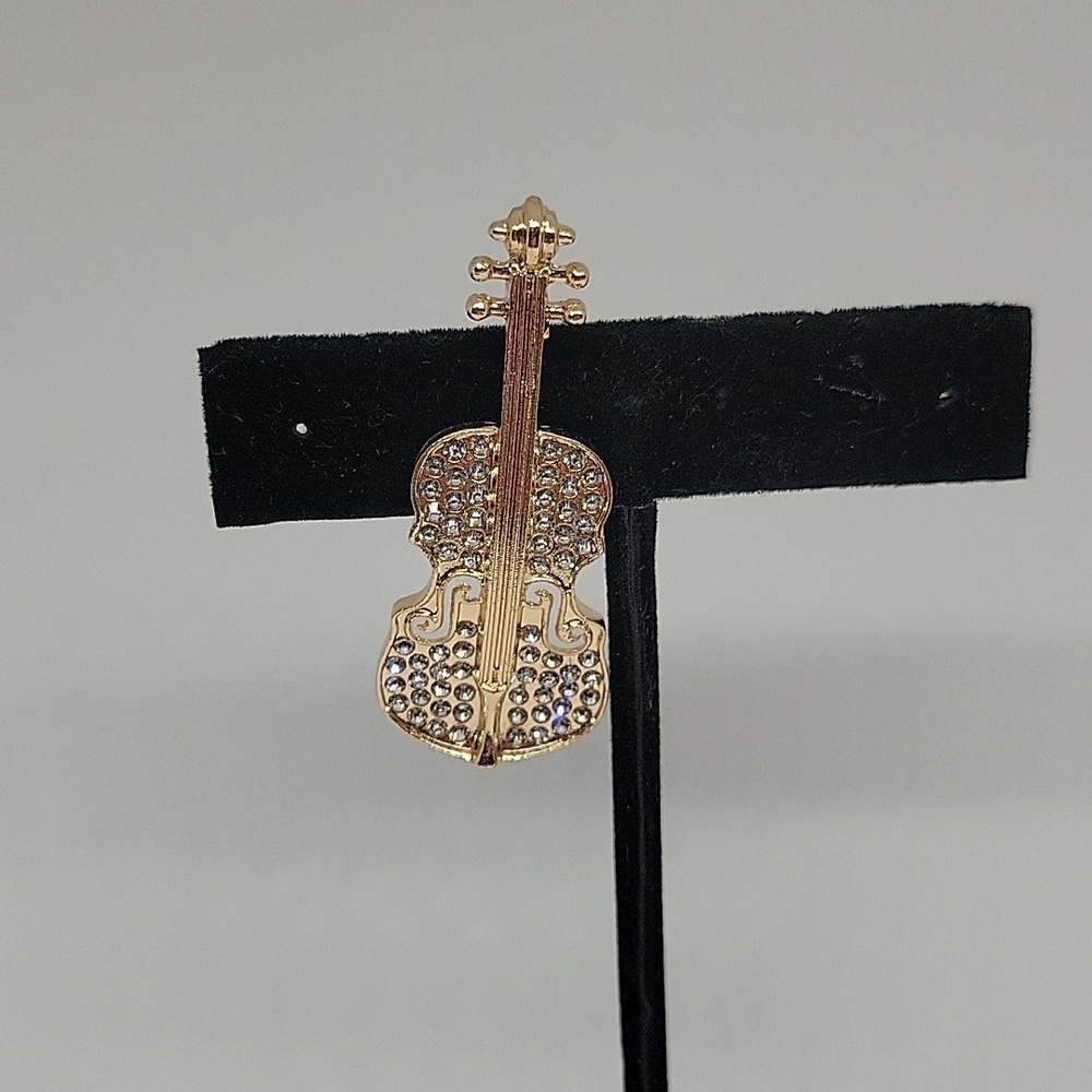 Violin Rhinestone Gold Tone 2" Pin
